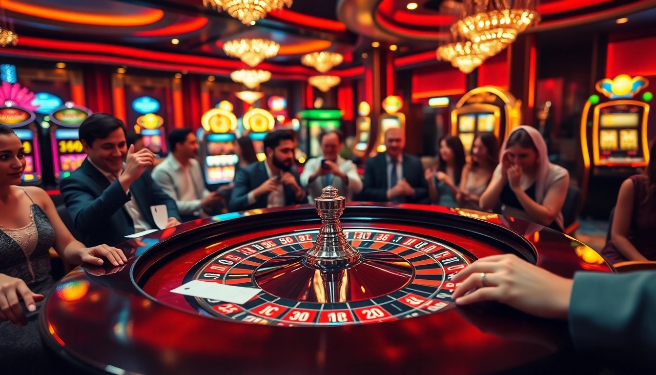 tk88 players engaging at an elegant roulette table in an exciting casino scene