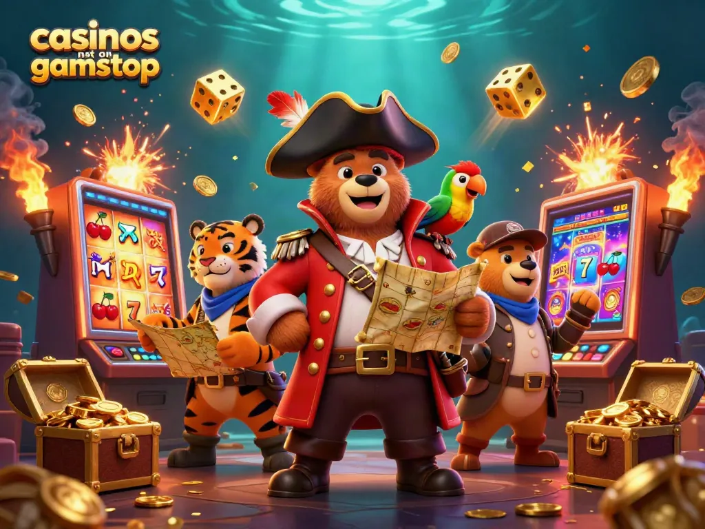Experience exciting action at casinos not on gamstop with a dynamic pirate-themed illustration.