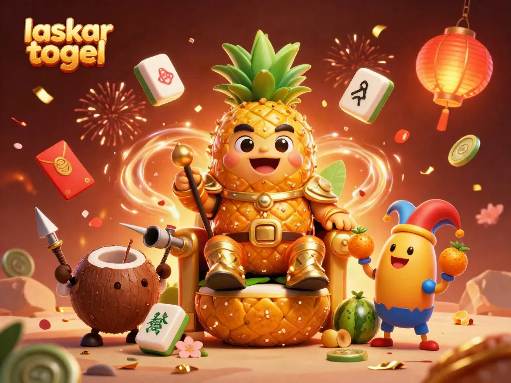 Engage with laskar togel in a vibrant beach casino scene featuring a pineapple king and festive elements.