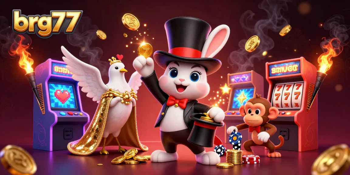 Play exciting casino games and win with brg77's vibrant 3D illustration showcasing a magical rabbit, dove, and monkey.