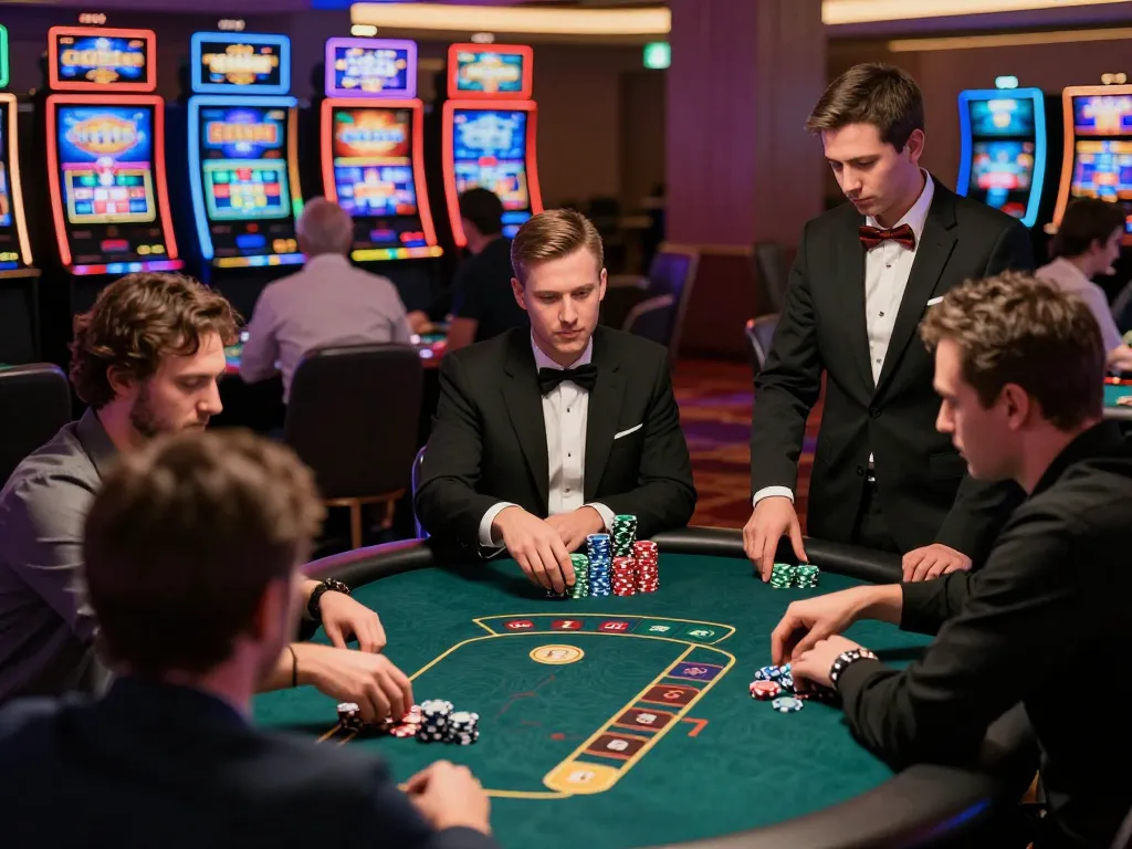Players strategizing at a 555win poker table, surrounded by vibrant gaming atmosphere.