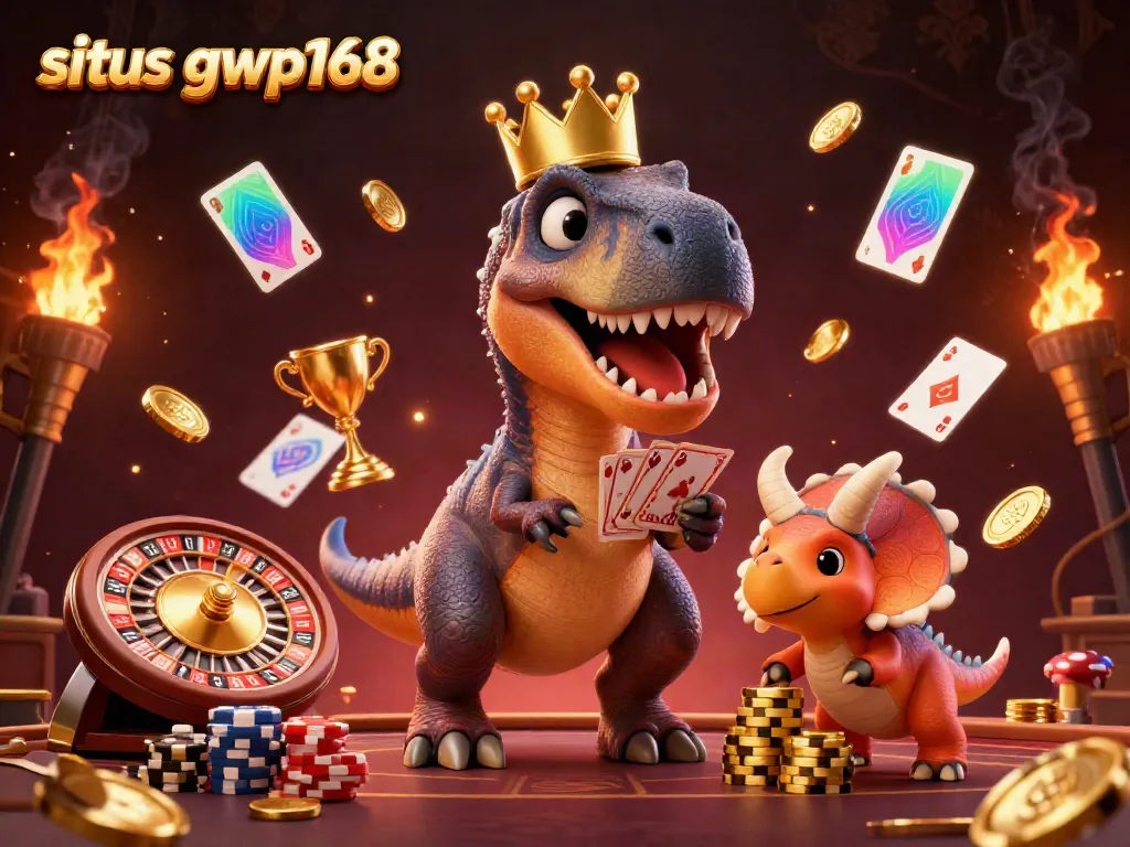 Permainan kasino langsung di situs gwp168 dengan T-Rex dan triceratops menumpuk chip emas.