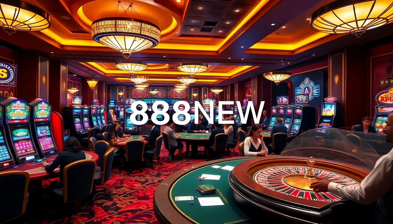 Experience excitement at 888NEW with players enjoying poker, roulette, and vibrant slot machines.
