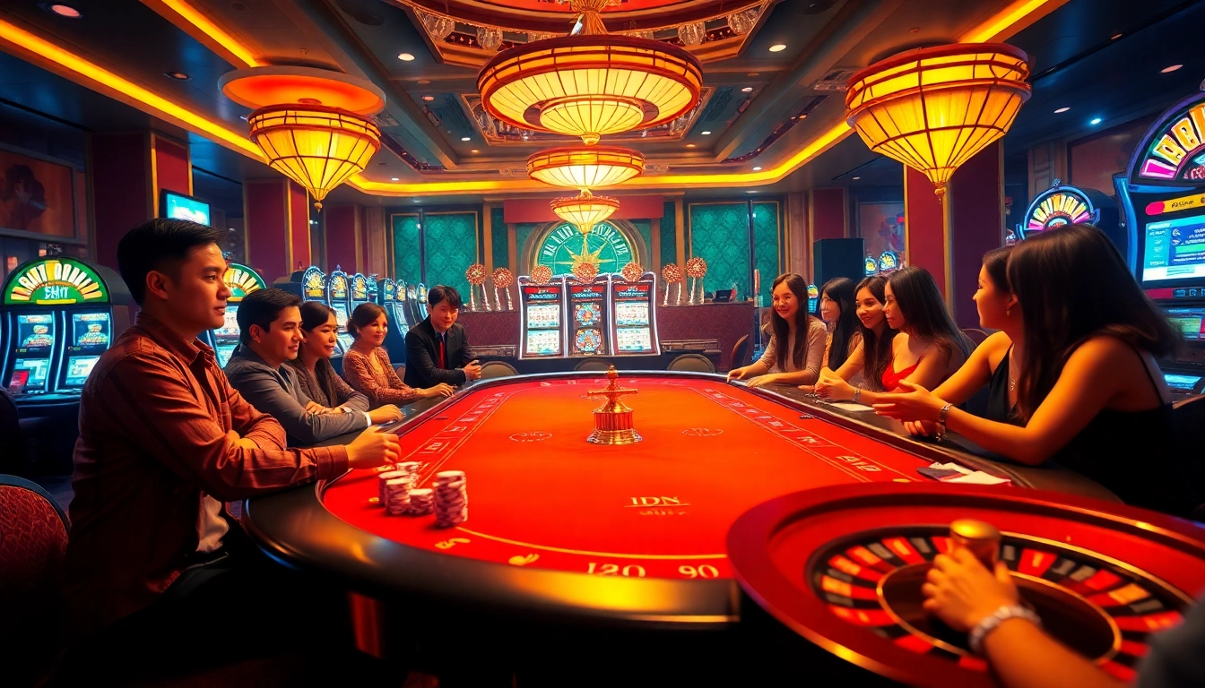 IDN Slot gaming table surrounded by excited players in a luxurious casino setting.