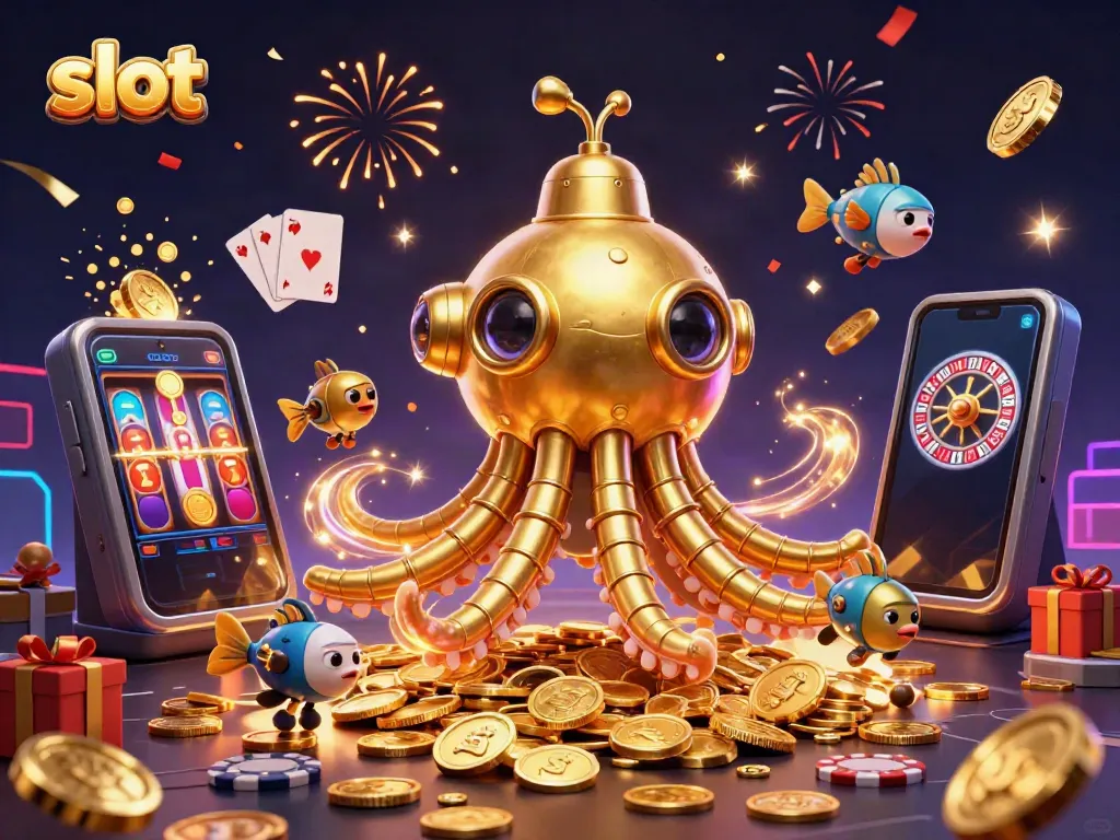 Experience thrilling slots action with vibrant golden kraken submarine and mechanical fish amid gold coins.