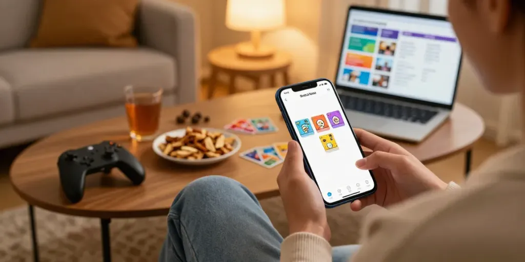 Engaging scene of a person playing Rumble Rummy on mobile surrounded by cozy home elements.