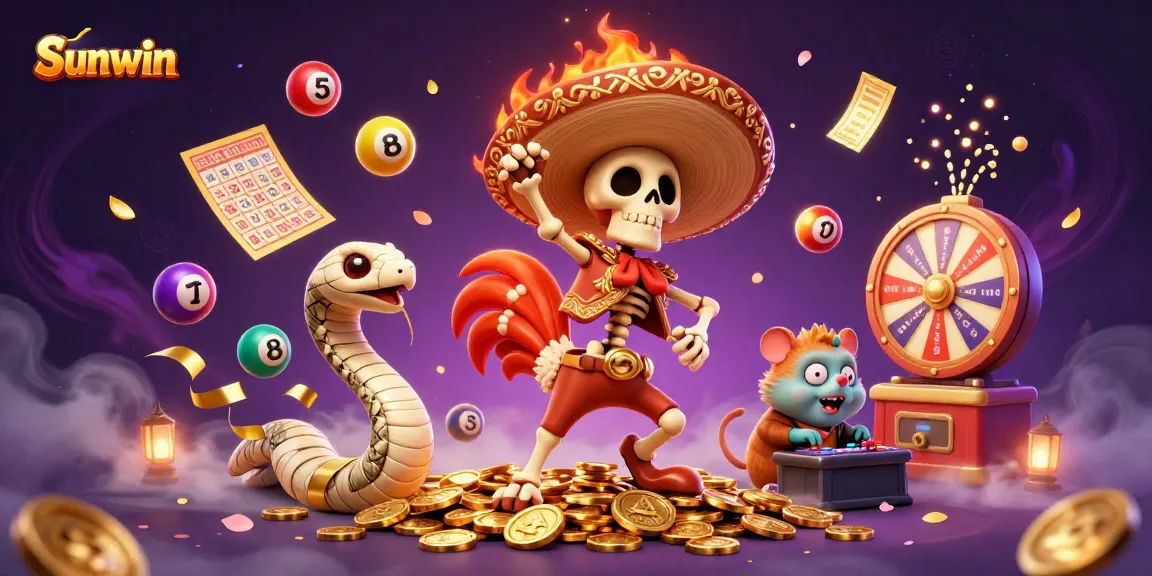 Join the excitement at Sunwin's energetic casino scene filled with colorful lottery elements and vibrant characters.