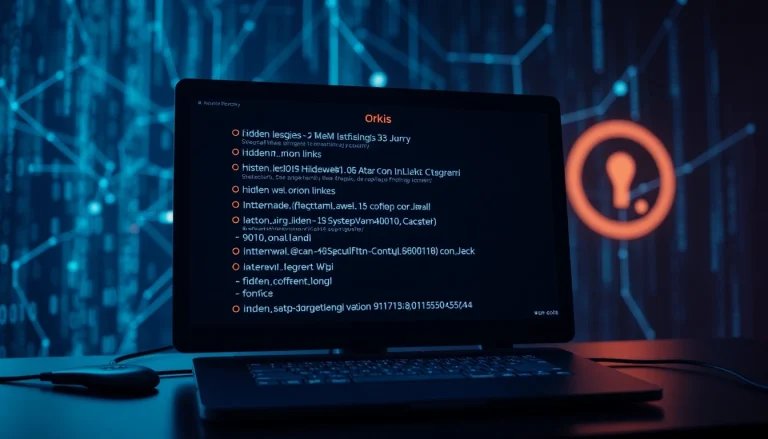 Hidden Wiki directory showcasing dark web .onion links in a mysterious digital interface.