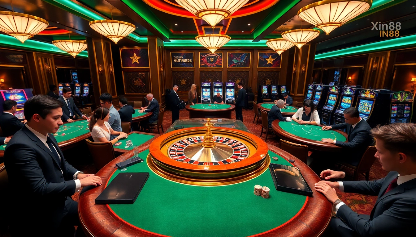 Play exciting games at Xin88 casino with vibrant tables and luxurious decor.