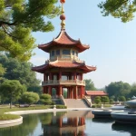 展示優塔特色的傳統中國塔樓，環繞於寧靜的花園中。