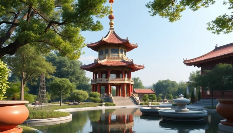 展示優塔特色的傳統中國塔樓，環繞於寧靜的花園中。