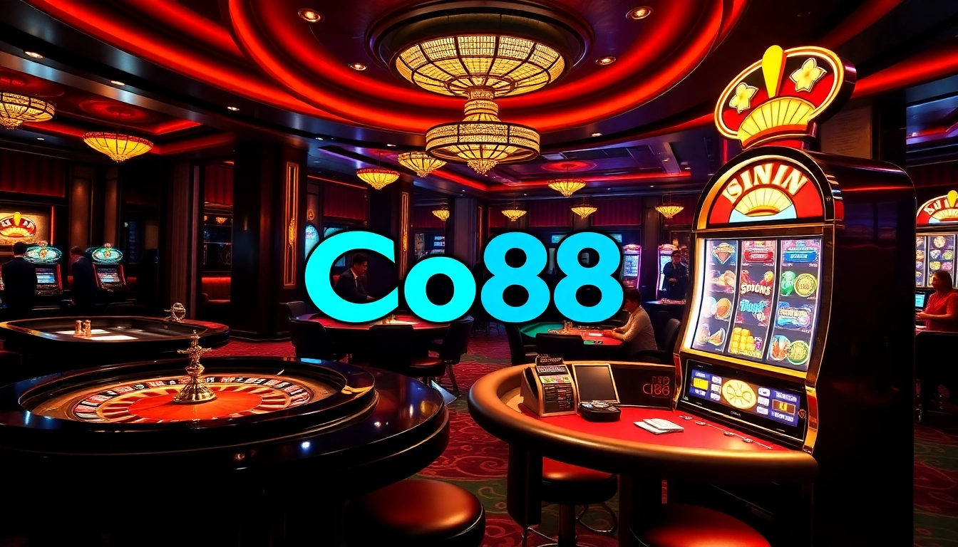 Co88 logo shines in a luxurious casino setting with vibrant roulette and poker tables.