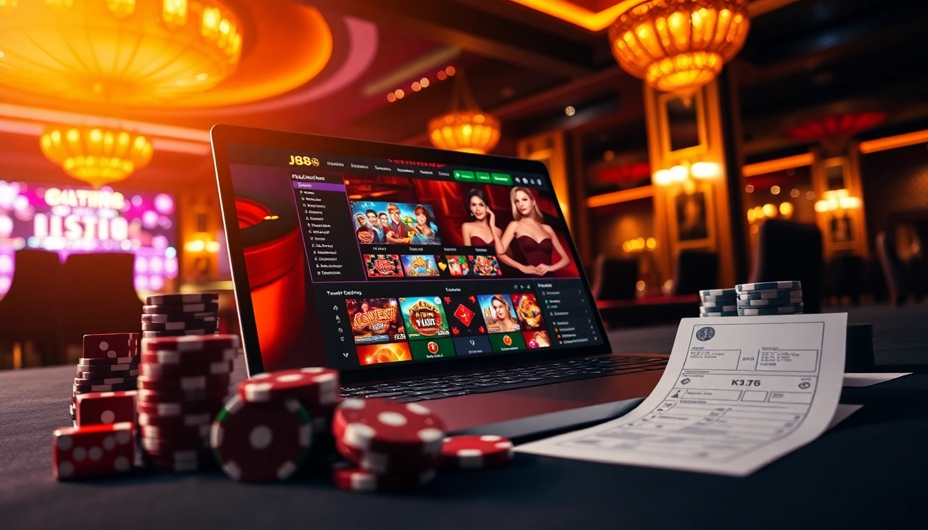 Players enjoy thrilling games at j88 online casino with vibrant poker chips and roulette.
