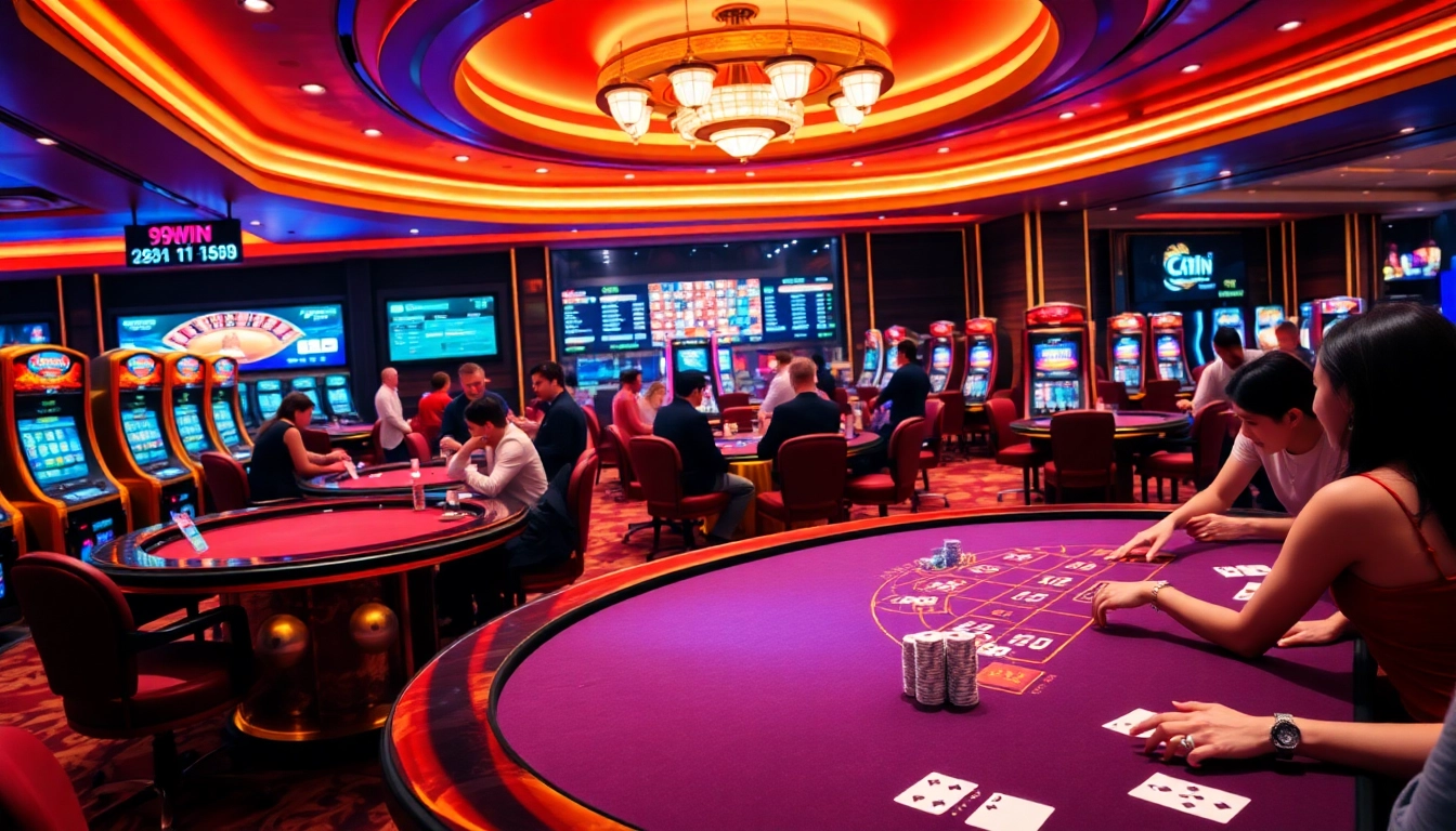 Players engaged at 99WIN casino tables with vibrant slot machines in a luxurious setting.