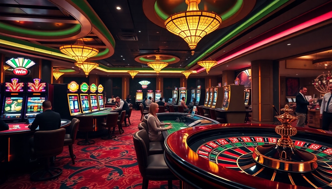 Experience the excitement of 123win with players engaged at casino tables, vibrant slot machines, and a roulette wheel.