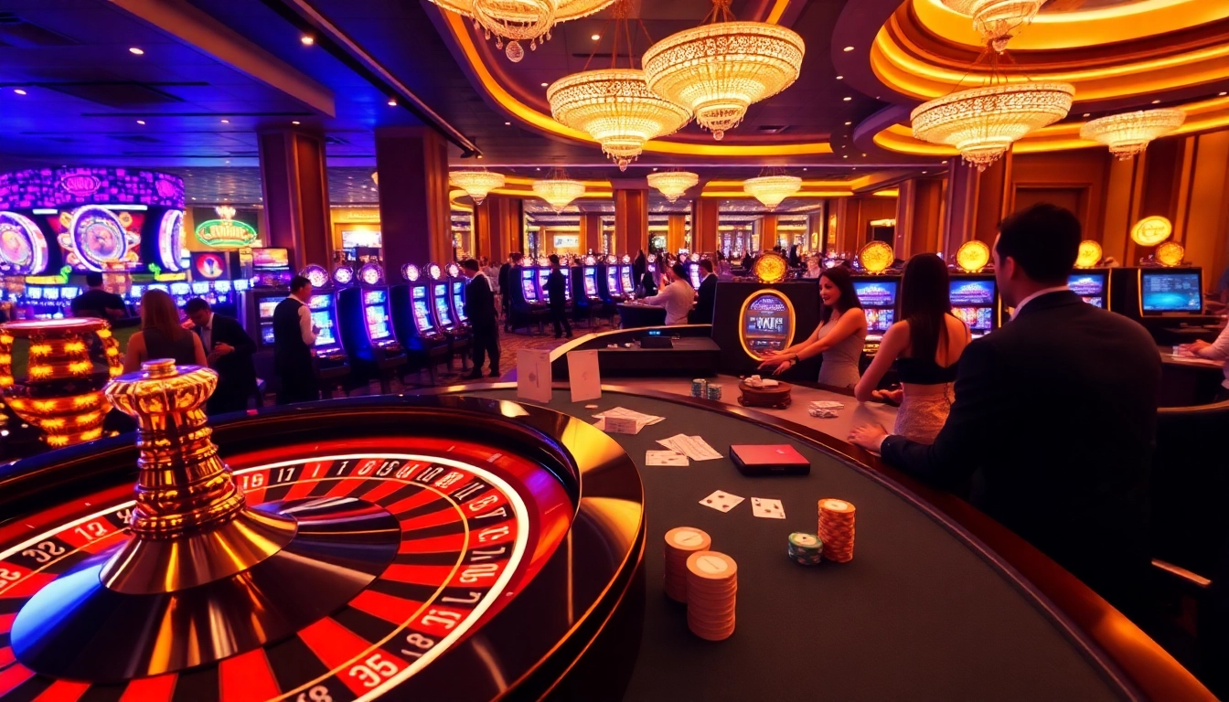The exhilarating casino experience at https://8xxcom.app/, featuring roulette and vibrant slot machines.