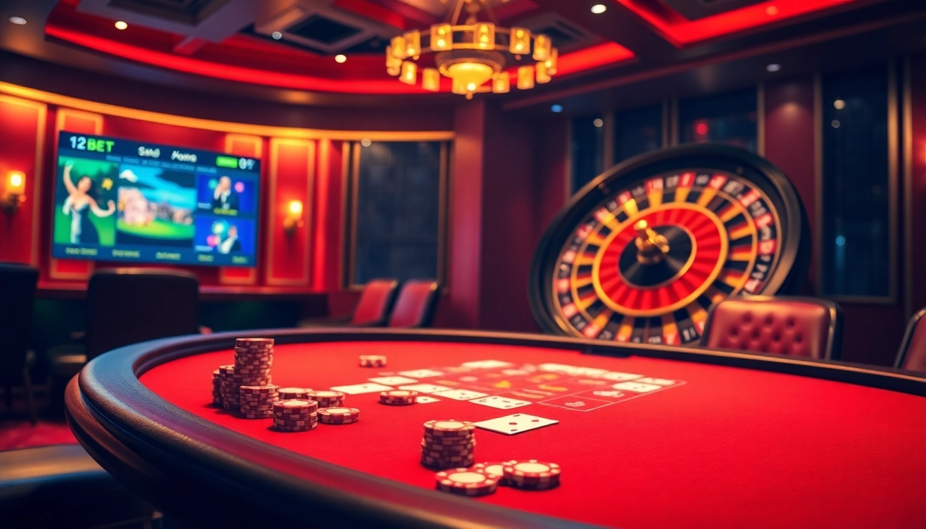 Experience the excitement of 12BET through a luxurious poker table and dynamic online gaming interface.
