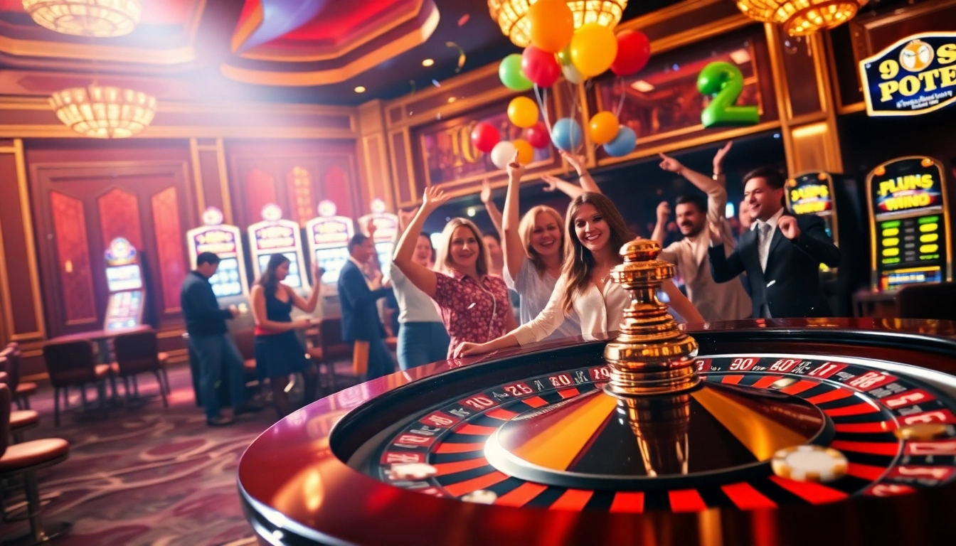 Explosion of a prize-winning lottery celebration with roulette and joyful players
