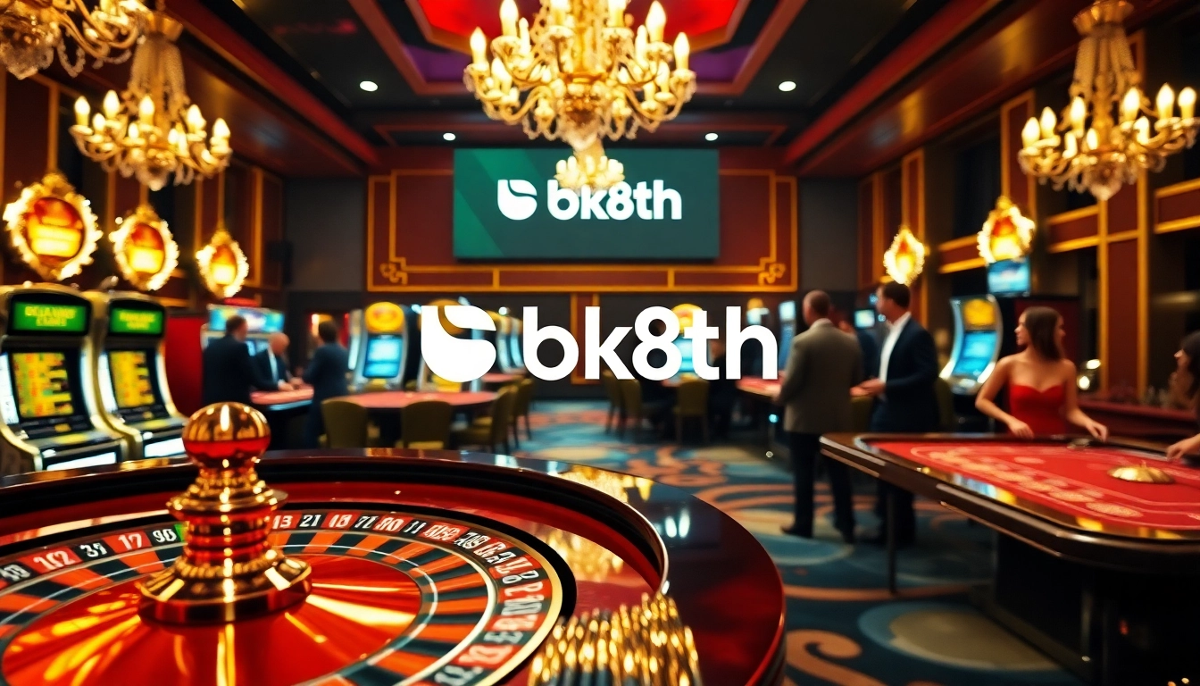 Experience the thrill of bk8th gaming at a luxurious casino with roulette and slot machines.