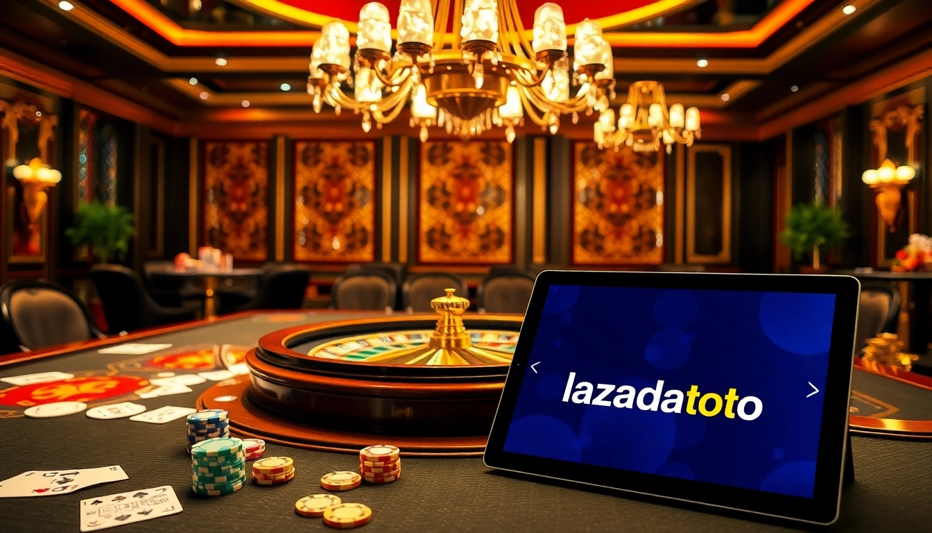 Lazadatoto showcases an exciting casino scene with a vibrant poker table and roulette wheel.
