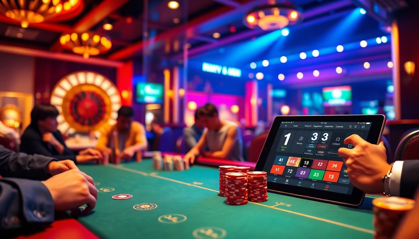 Experience high-stakes poker action at 33win's luxurious casino with vibrant lights and engaging gameplay.