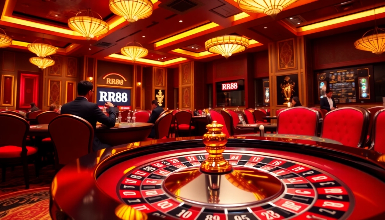 Players engaging in thrilling games at RR88 casino, showcasing a vibrant roulette and poker atmosphere.