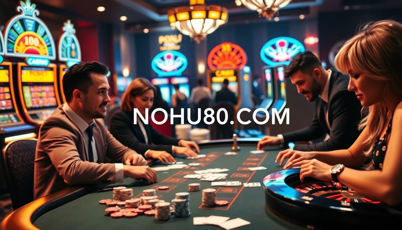 Engaged players at a high-stakes poker game featuring NOHU90 COM branding amidst vibrant casino ambiance.
