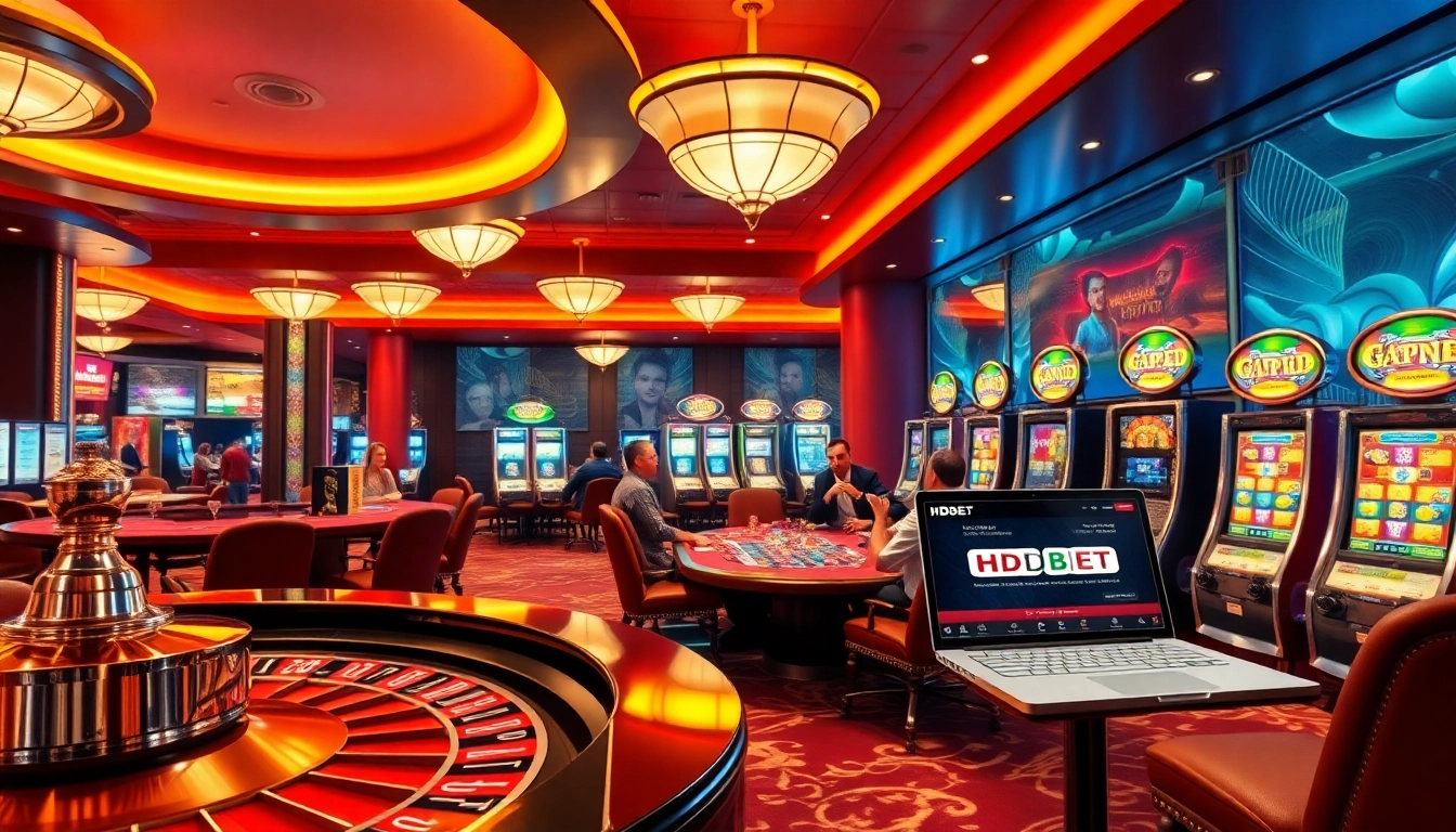 Players enjoying a high-stakes game at a poker table with HDBET branding in a luxurious casino environment.