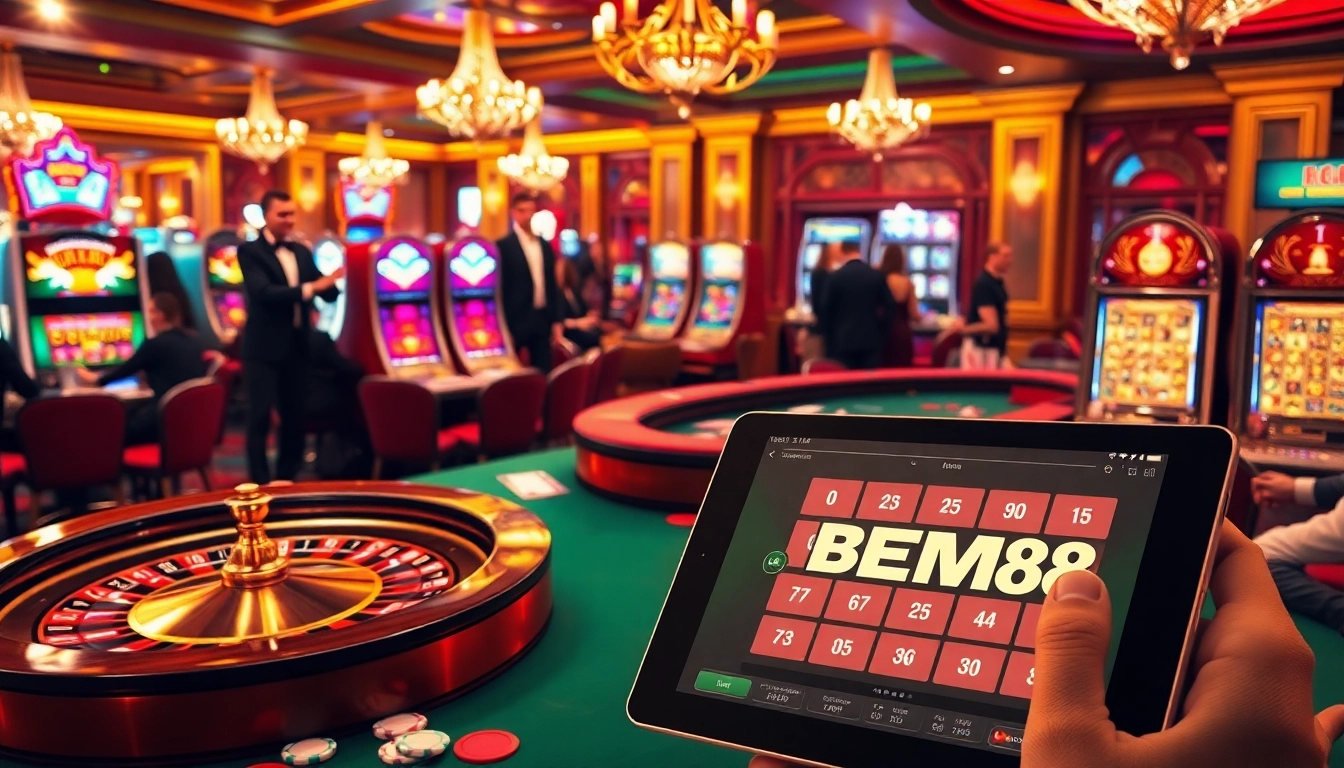 BEM88 players engaging in an exciting casino ambiance with roulette, cards, and slot machines.