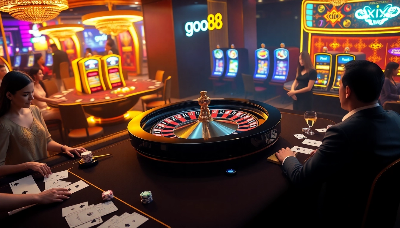 Exciting go88 gaming scene with casino tables, poker chips, and roulette.