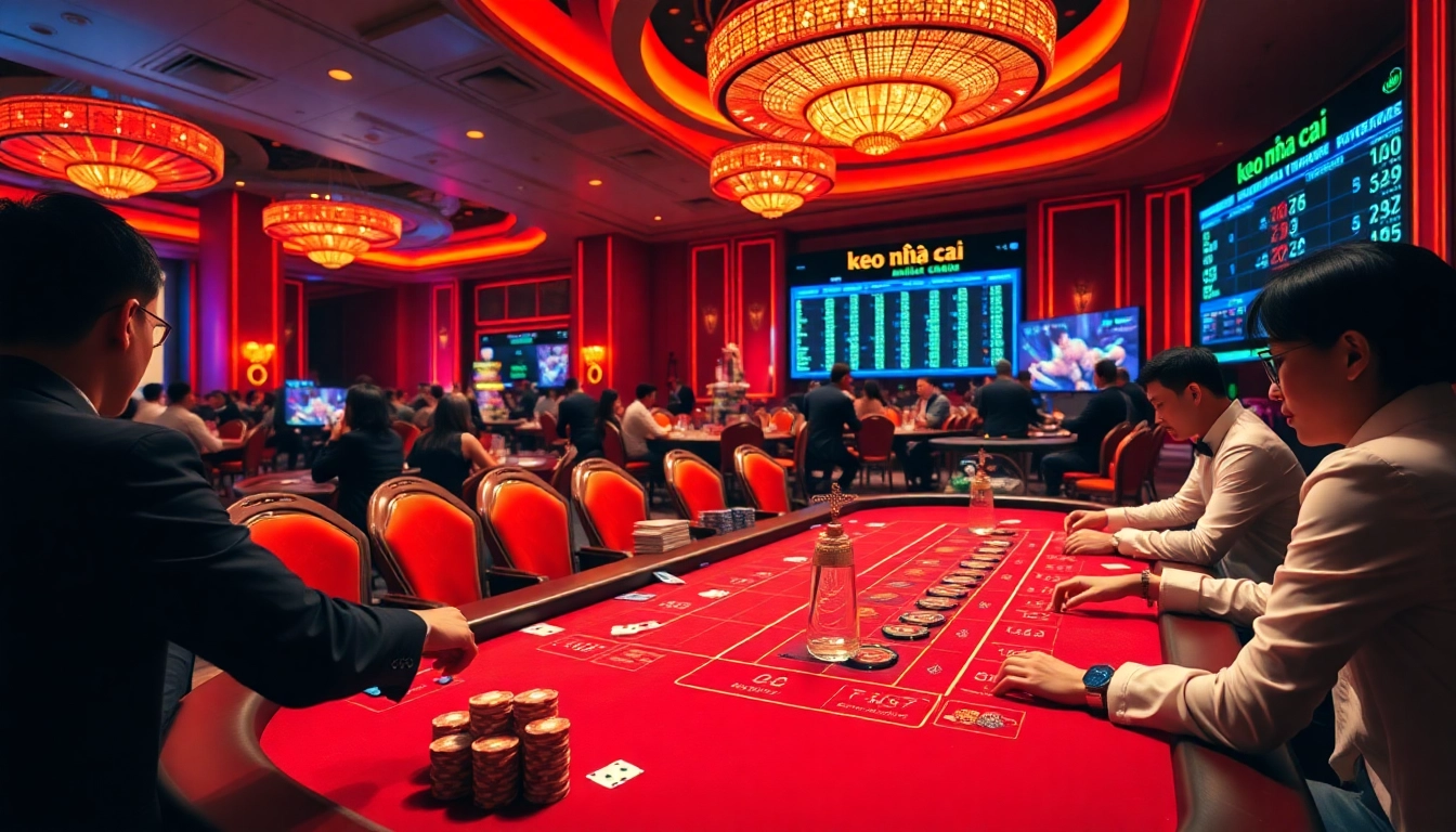 Engaged players analyzing 'keo nha cai' odds at a luxurious casino baccarat table.