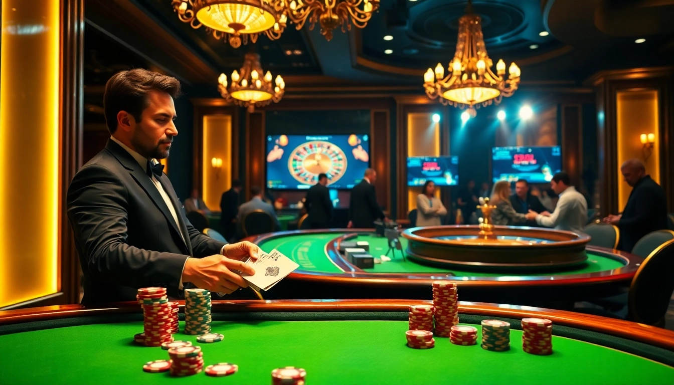 Bancah5 gaming action with a dealer shuffling cards and vibrant poker chips stacked on a casino table.