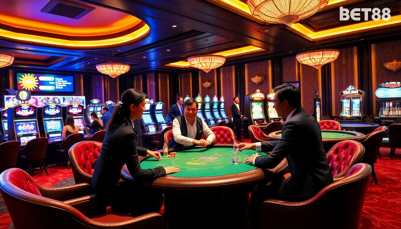 Experience the thrill of gaming at BET88 with vibrant poker tables and lively casino atmosphere.