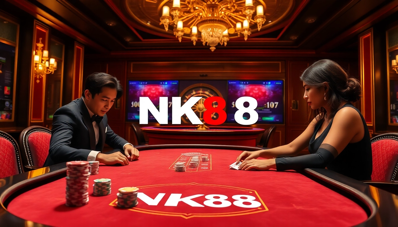 Exciting poker action at https://nk88s.net/ showcasing thrilling gameplay with vibrant chips and cards.