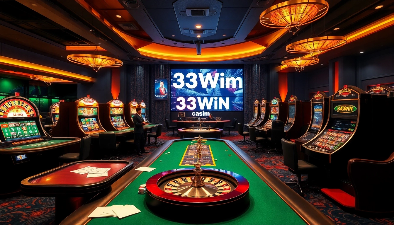 Experience the thrill of online gambling with 33WIN com's exciting casino scene featuring poker tables and slot machines.