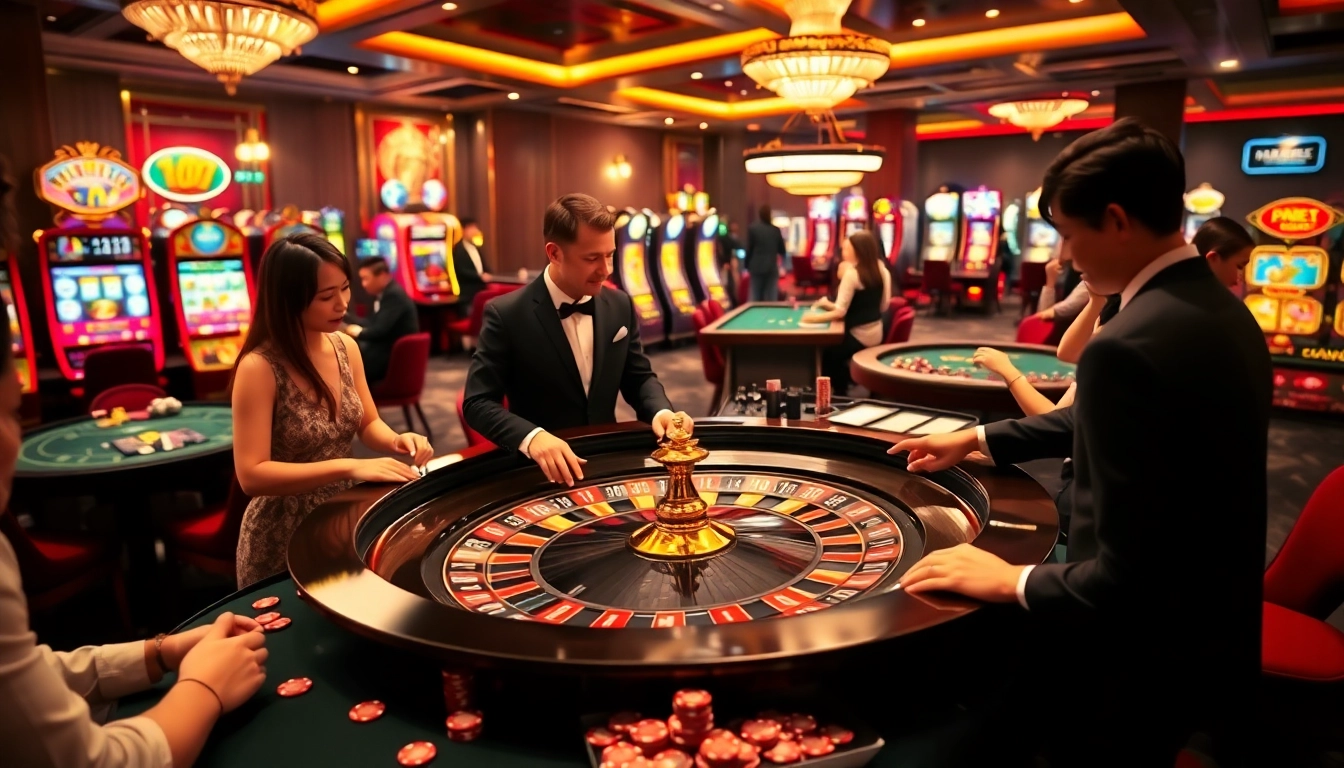 Engaging gamblers at u888 playing Roulette in a vibrant casino atmosphere.