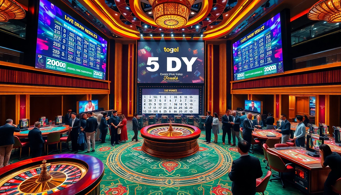 Enthusiastic players eagerly watch the togel sdy live draw results unfold in a luxurious casino setting.