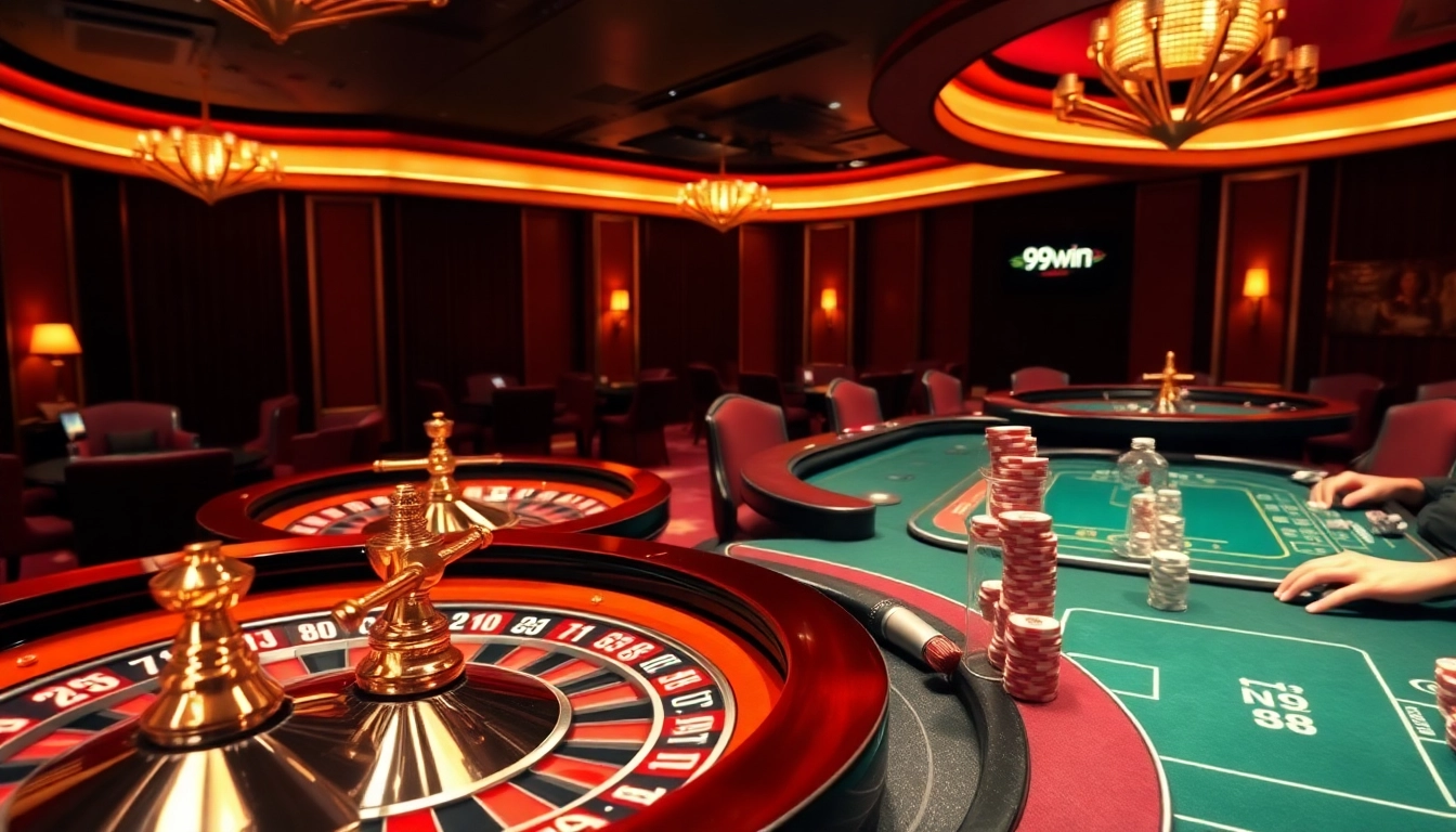 Experience thrilling gameplay at 99win's luxurious online casino with sophisticated tables and vibrant roulette wheels.