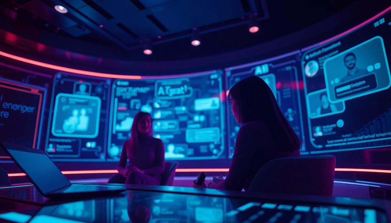 Engaging AI chat porn conversation interface showcasing futuristic design and interactive avatars.