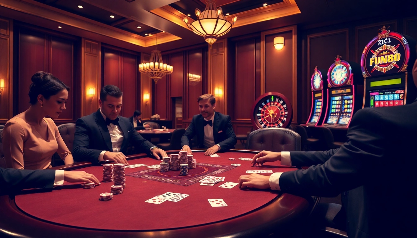 Exciting Fun88 casino scene with poker players, roulette wheel, and vibrant slot machines.