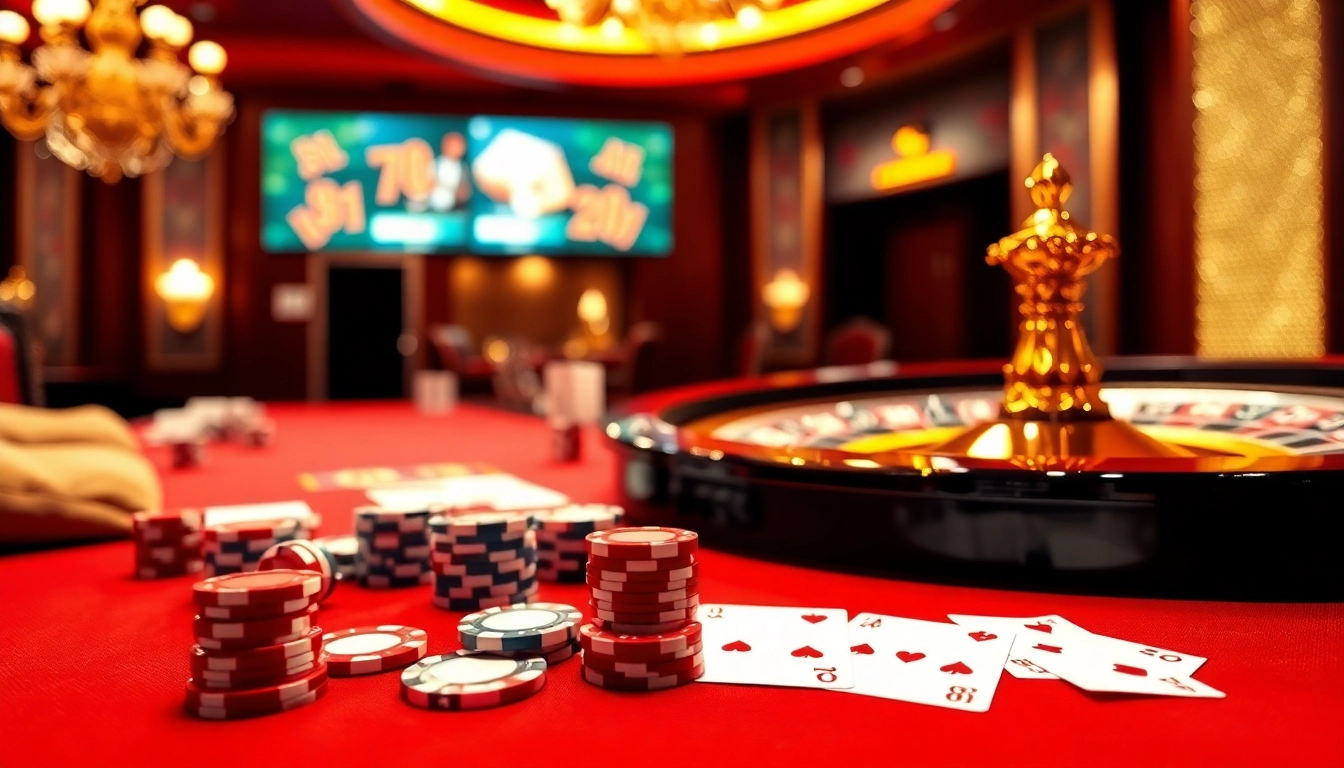 Experience the thrill of lode88 with a vibrant casino scene showcasing poker chips and roulette.