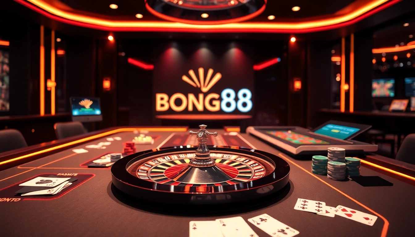 Experience the thrill of gambling at https://bong88.casa/ with a vibrant casino scene featuring roulette and poker chips.