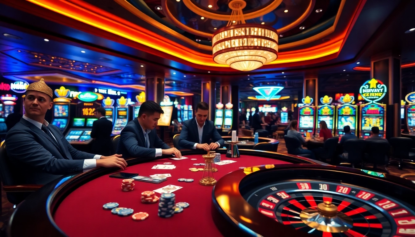 Rikvip players enjoying an exciting game at a stylish poker table, surrounded by vibrant casino elements.