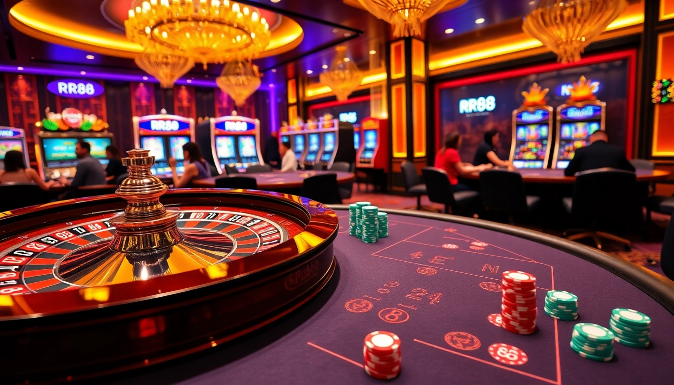 RR88 players engaging at a luxurious casino table with vibrant poker chips and games.