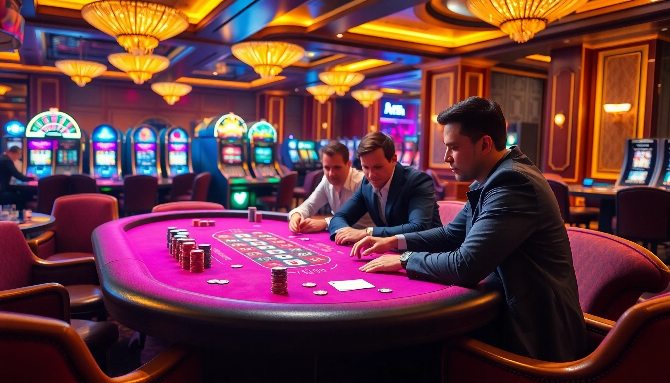 Players enjoying a thrilling poker game experience at Rikvip casino, surrounded by vibrant chips and cards.