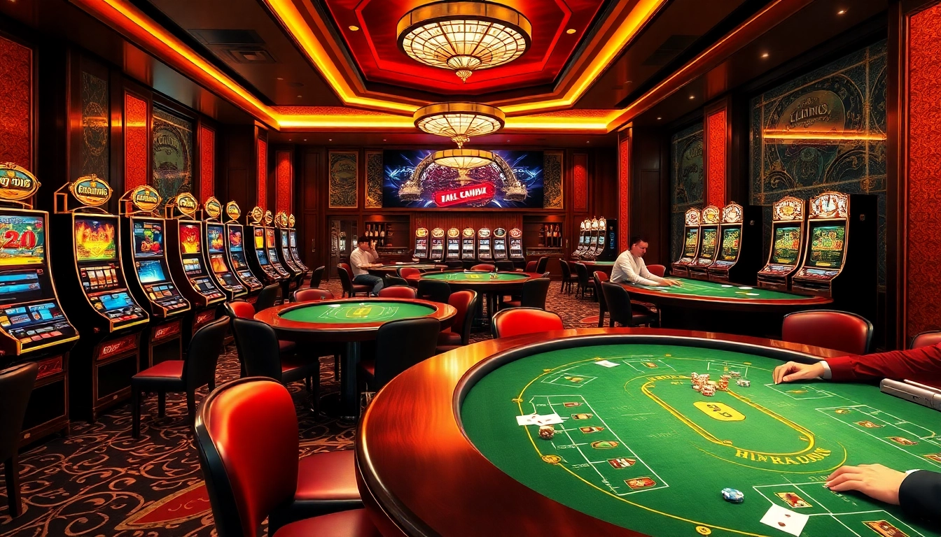 Hi88 casino scene showcasing engaging players at elegant tables with vibrant slot machines.