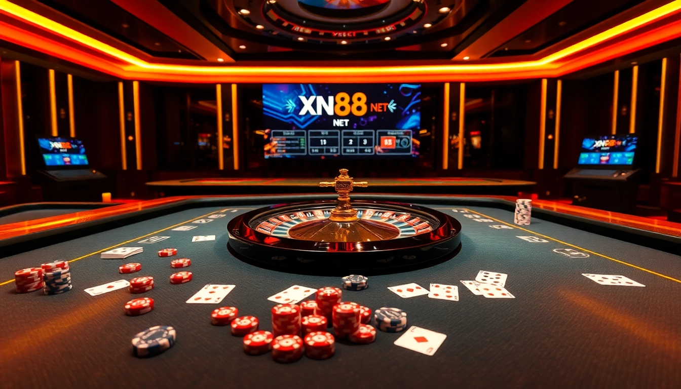 Experience thrilling online gaming at xn88 net with a vibrant casino setup featuring roulette and poker.