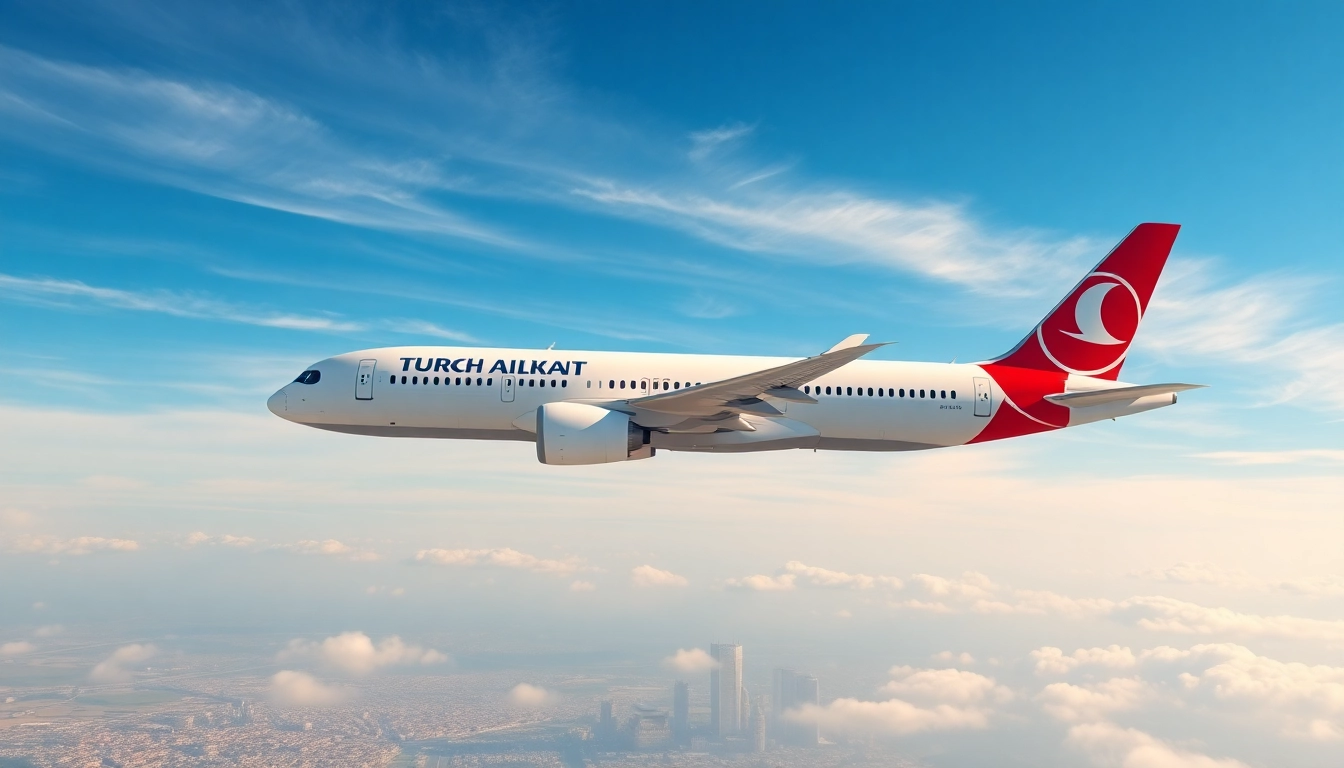Turkish Airlines tk88 flight soaring in blue sky with iconic landmarks below