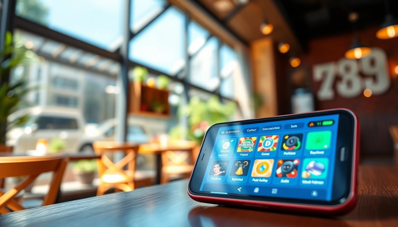 The 789Club app interface displayed on a smartphone in a cozy cafe setting, showcasing its features and vibrant design.