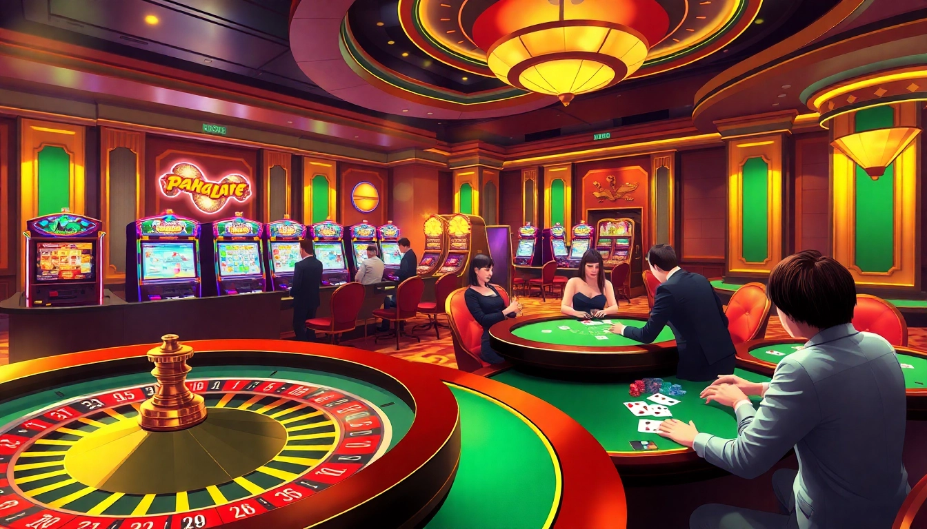 Pahala4D players immersed in an exciting casino atmosphere with poker tables and slot machines.
